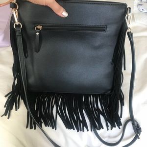 Black faux leather bag with fringe